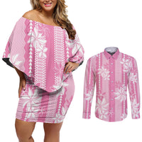 Hawaii Kakau Tribal Couples Matching Off Shoulder Short Dress and Long Sleeve Button Shirt With Pink Tiare LT05 Pink - Polynesian Pride