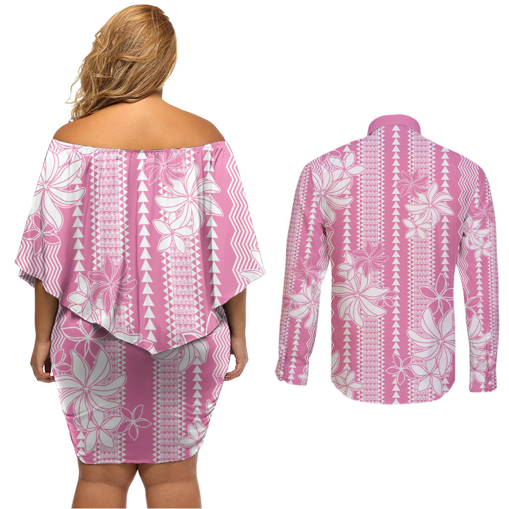 Hawaii Kakau Tribal Couples Matching Off Shoulder Short Dress and Long Sleeve Button Shirt With Pink Tiare LT05 - Polynesian Pride