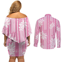 Hawaii Kakau Tribal Couples Matching Off Shoulder Short Dress and Long Sleeve Button Shirt With Pink Tiare LT05 - Polynesian Pride