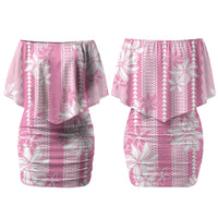 Hawaii Kakau Tribal Couples Matching Off Shoulder Short Dress and Long Sleeve Button Shirt With Pink Tiare LT05 - Polynesian Pride
