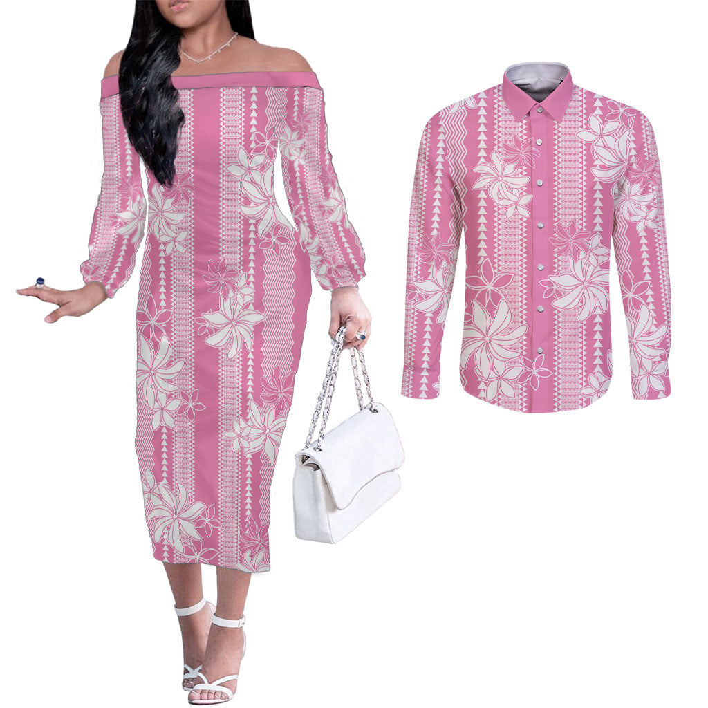 Hawaii Kakau Tribal Couples Matching Off The Shoulder Long Sleeve Dress and Long Sleeve Button Shirt With Pink Tiare LT05 Pink - Polynesian Pride