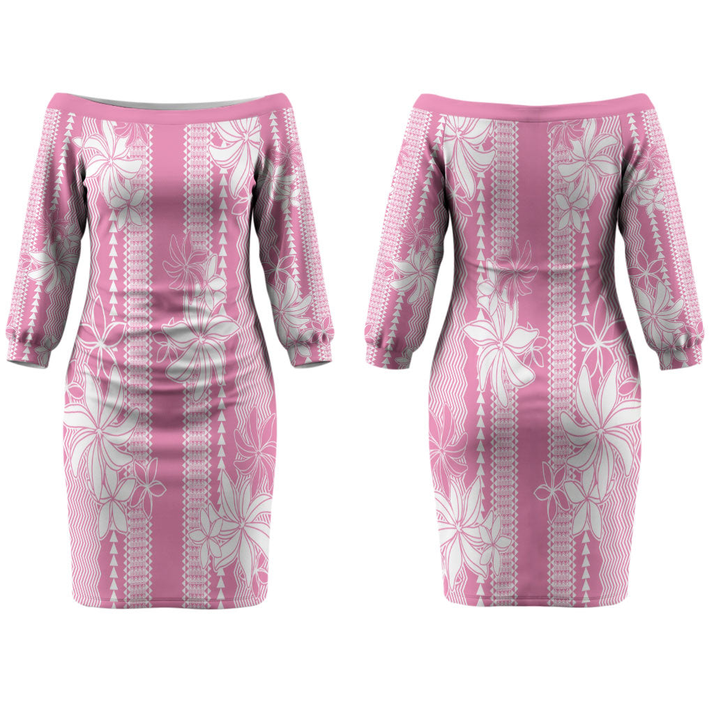 Hawaii Kakau Tribal Couples Matching Off The Shoulder Long Sleeve Dress and Long Sleeve Button Shirt With Pink Tiare LT05 - Polynesian Pride