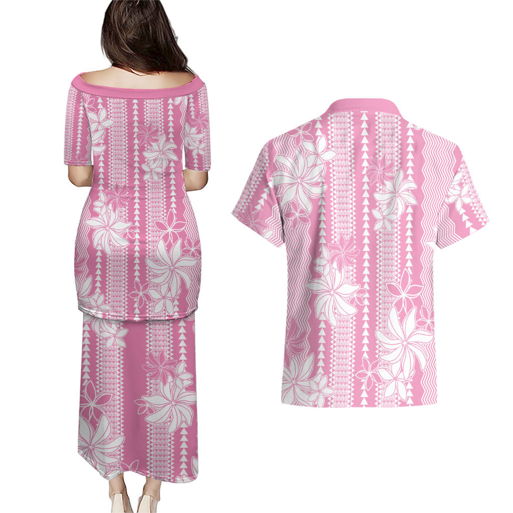 Hawaii Kakau Tribal Couples Matching Puletasi and Hawaiian Shirt With Pink Tiare LT05 - Polynesian Pride
