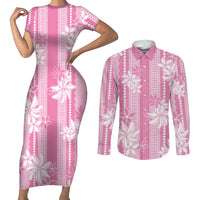 Hawaii Kakau Tribal Couples Matching Short Sleeve Bodycon Dress and Long Sleeve Button Shirt With Pink Tiare LT05 Pink - Polynesian Pride