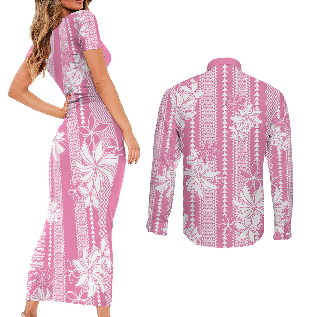 Hawaii Kakau Tribal Couples Matching Short Sleeve Bodycon Dress and Long Sleeve Button Shirt With Pink Tiare LT05 - Polynesian Pride