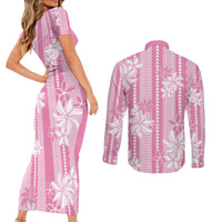 Hawaii Kakau Tribal Couples Matching Short Sleeve Bodycon Dress and Long Sleeve Button Shirt With Pink Tiare LT05 - Polynesian Pride