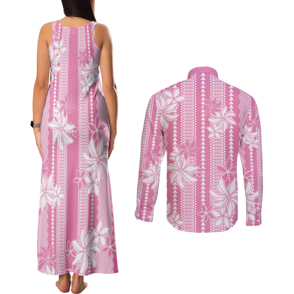 Hawaii Kakau Tribal Couples Matching Tank Maxi Dress and Long Sleeve Button Shirt With Pink Tiare LT05 - Polynesian Pride