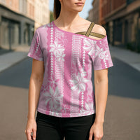 Hawaii Kakau Tribal Cross Shoulder Shirt With Pink Tiare