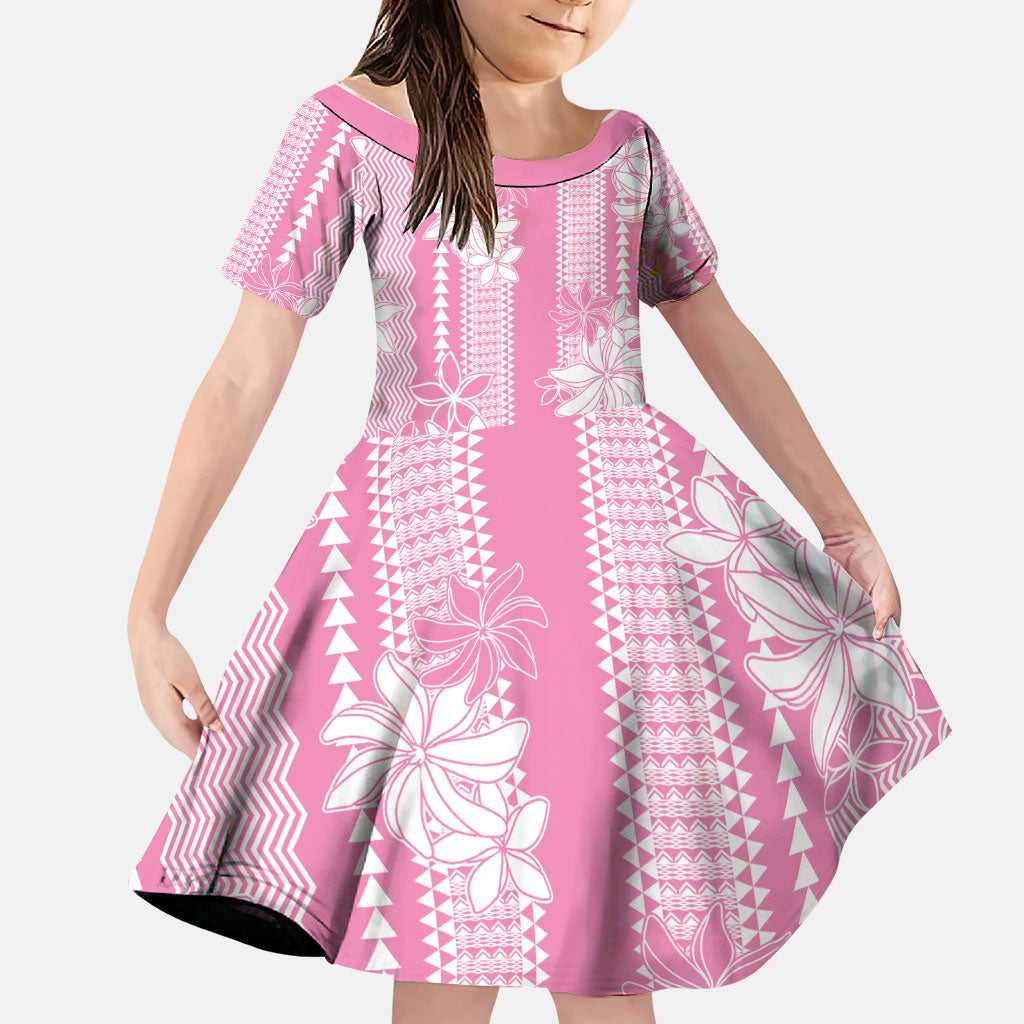 Hawaii Kakau Tribal Family Matching Long Sleeve Bodycon Dress and Hawaiian Shirt With Pink Tiare LT05 Daughter's Dress Pink - Polynesian Pride