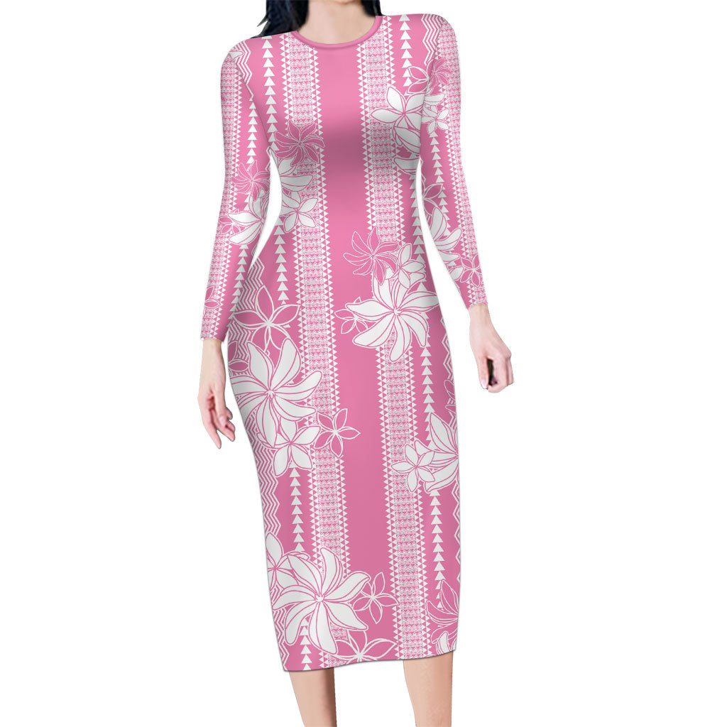Hawaii Kakau Tribal Family Matching Long Sleeve Bodycon Dress and Hawaiian Shirt With Pink Tiare LT05 Mom's Dress Pink - Polynesian Pride