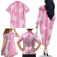 Hawaii Kakau Tribal Family Matching Off The Shoulder Long Sleeve Dress and Hawaiian Shirt With Pink Tiare LT05 - Polynesian Pride