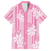 Hawaii Kakau Tribal Family Matching Off The Shoulder Long Sleeve Dress and Hawaiian Shirt With Pink Tiare LT05 Dad's Shirt - Short Sleeve Pink - Polynesian Pride