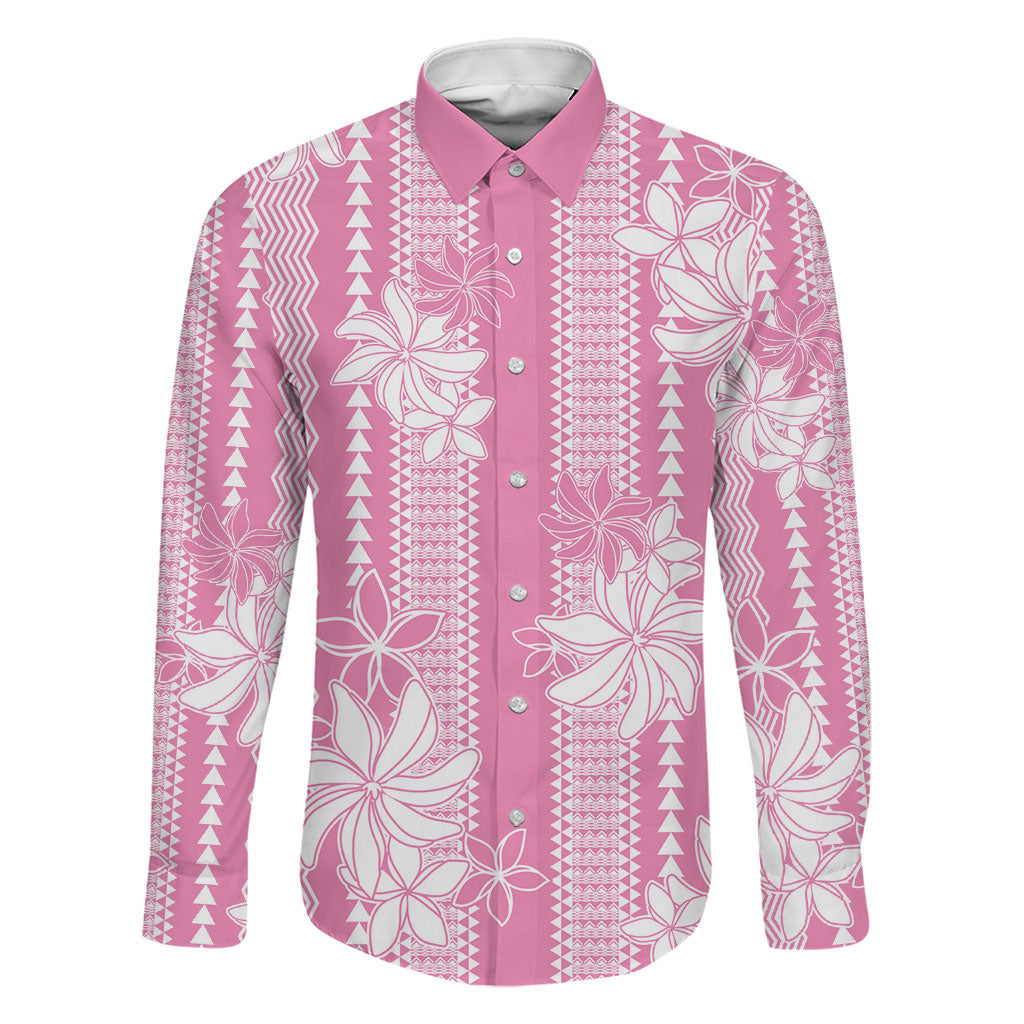 Hawaii Kakau Tribal Family Matching Off Shoulder Maxi Dress and Hawaiian Shirt With Pink Tiare LT05 Dad's Shirt - Long Sleeve Pink - Polynesian Pride