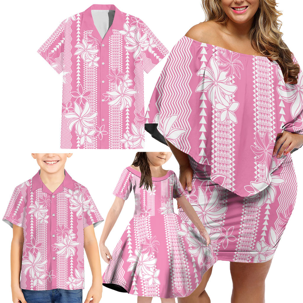 Hawaii Kakau Tribal Family Matching Off Shoulder Short Dress and Hawaiian Shirt With Pink Tiare LT05 - Polynesian Pride