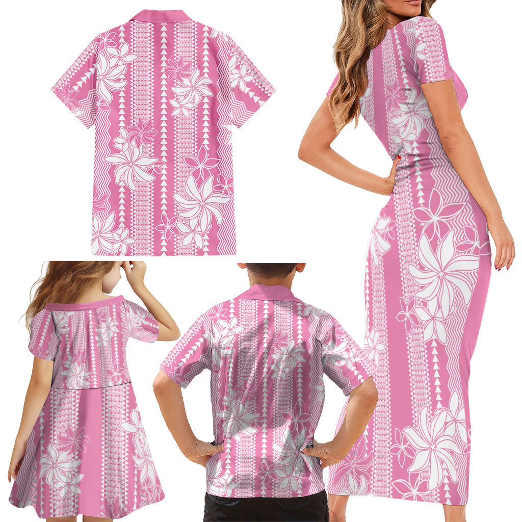 Hawaii Kakau Tribal Family Matching Short Sleeve Bodycon Dress and Hawaiian Shirt With Pink Tiare LT05 - Polynesian Pride