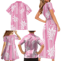 Hawaii Kakau Tribal Family Matching Short Sleeve Bodycon Dress and Hawaiian Shirt With Pink Tiare LT05 - Polynesian Pride