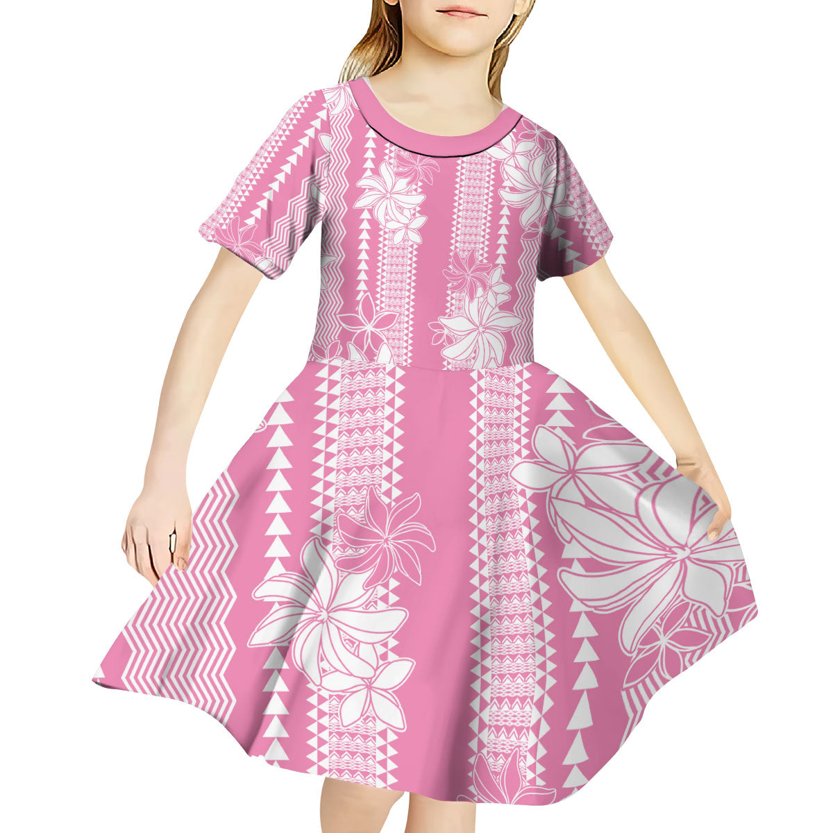 Hawaii Kakau Tribal Kid Short Sleeve Dress With Pink Tiare