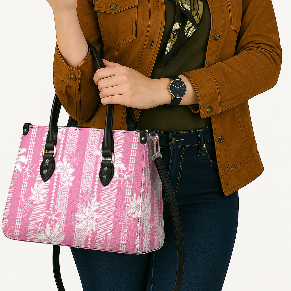 Hawaii Kakau Tribal Leather Bag With Pink Tiare