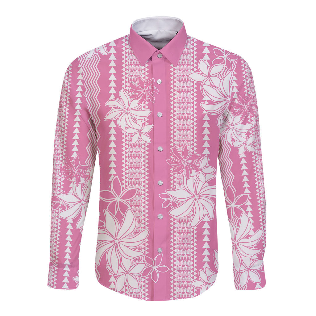 Hawaii Kakau Tribal Long Sleeve Button Shirt With Pink Tiare