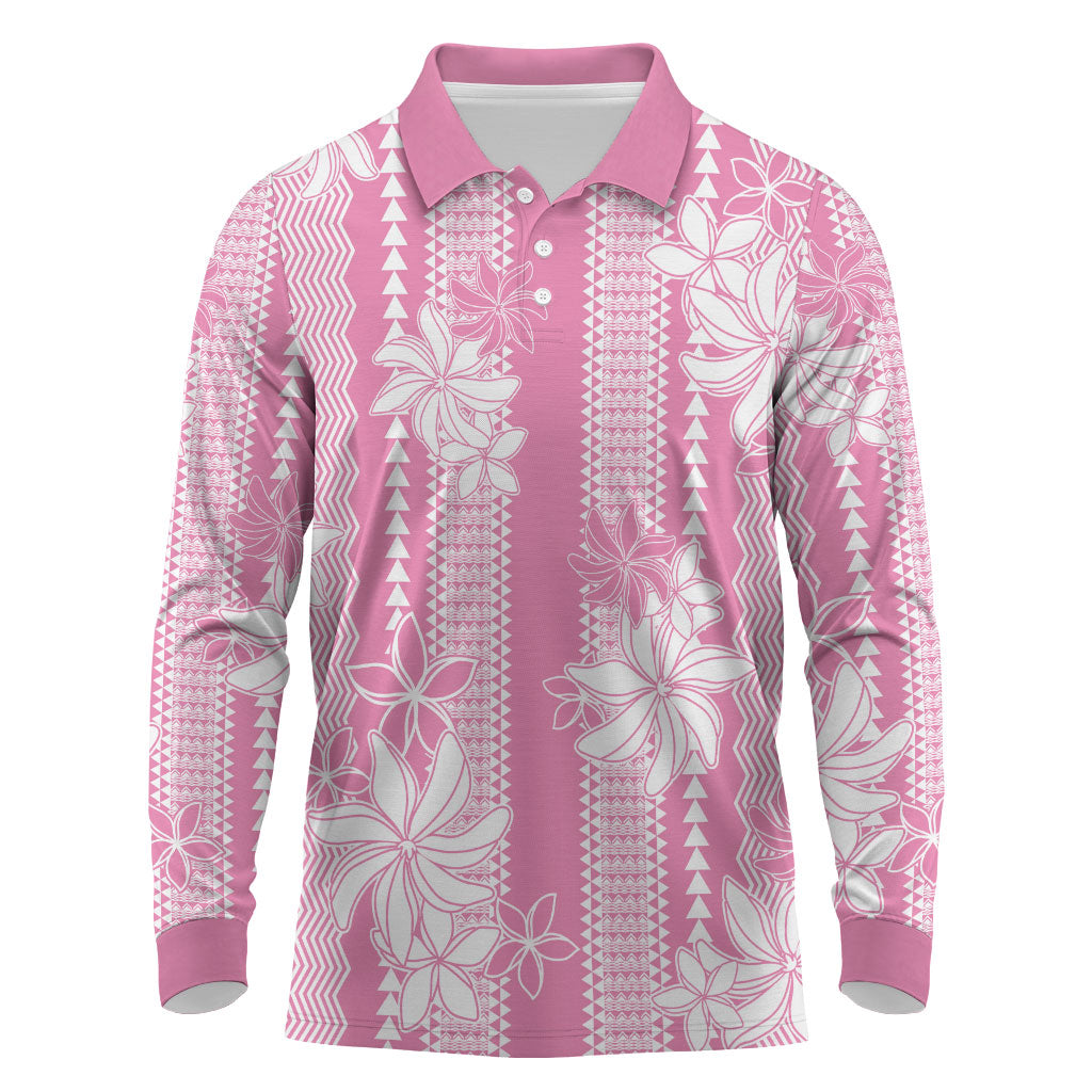 Hawaii Kakau Tribal Long Sleeve Polo Shirt With Pink Tiare