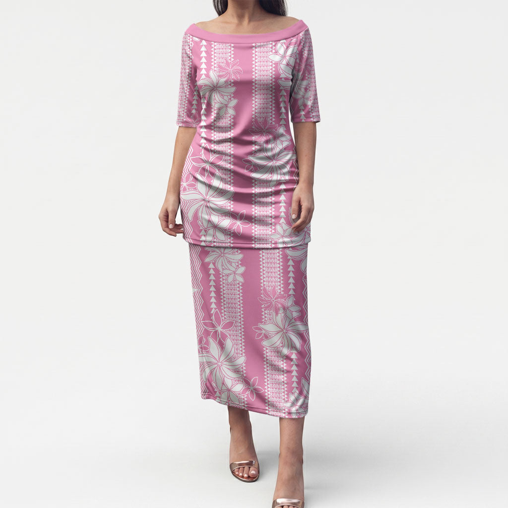 Hawaii Kakau Tribal Puletasi With Pink Tiare LT05 Long Dress Pink - Polynesian Pride