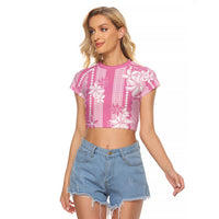 Hawaii Kakau Tribal Raglan Cropped T Shirt With Pink Tiare