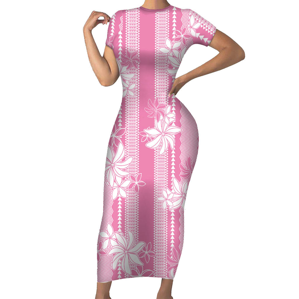 Hawaii Kakau Tribal Short Sleeve Bodycon Dress With Pink Tiare