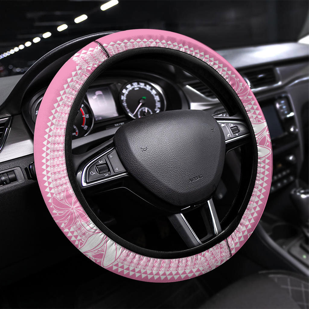 Hawaii Kakau Tribal Steering Wheel Cover With Pink Tiare