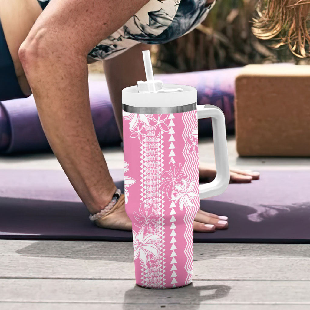 Hawaii Kakau Tribal Tumbler With Handle With Pink Tiare
