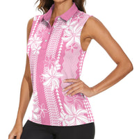 Hawaii Kakau Tribal Women Sleeveless Polo Shirt With Pink Tiare LT05 - Polynesian Pride