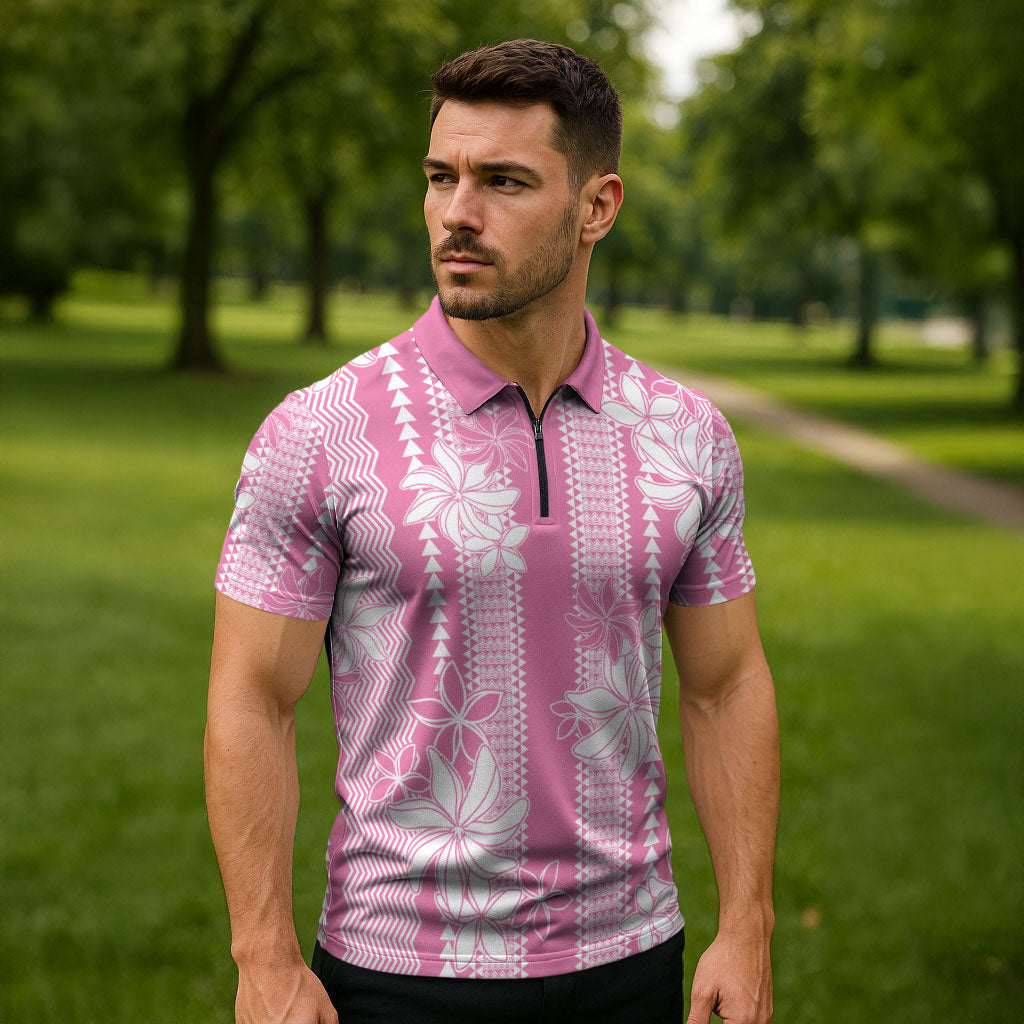 Hawaii Kakau Tribal Zipper Polo Shirt With Pink Tiare