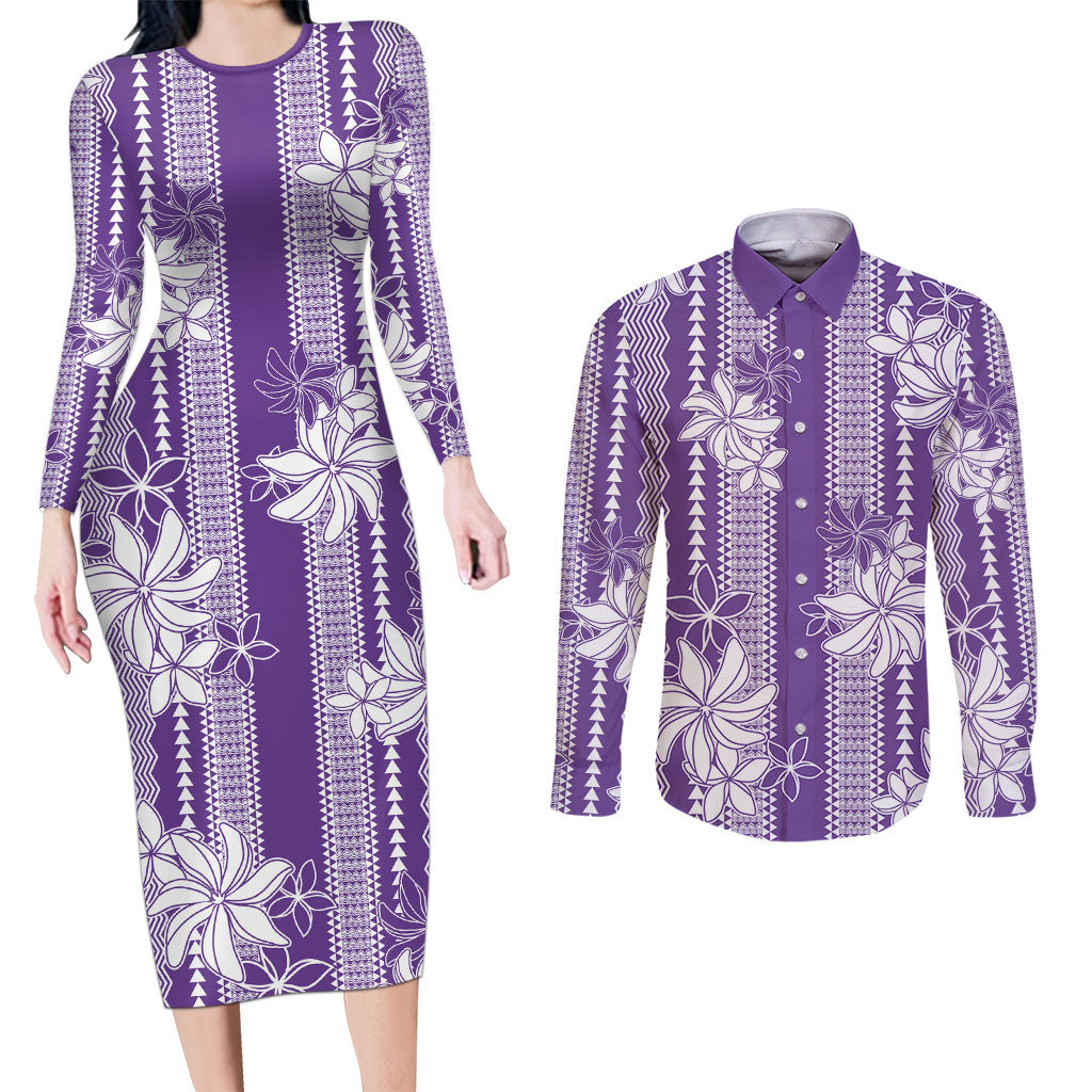 Hawaii Kakau Tribal Couples Matching Long Sleeve Bodycon Dress and Long Sleeve Button Shirt With Purple Tiare LT05 Purple - Polynesian Pride