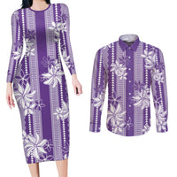 Hawaii Kakau Tribal Couples Matching Long Sleeve Bodycon Dress and Long Sleeve Button Shirt With Purple Tiare LT05 Purple - Polynesian Pride