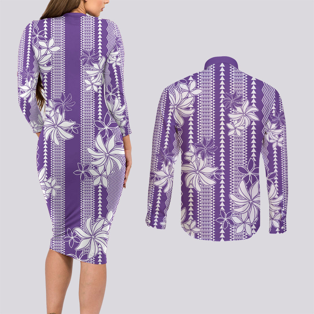 Hawaii Kakau Tribal Couples Matching Long Sleeve Bodycon Dress and Long Sleeve Button Shirt With Purple Tiare LT05 - Polynesian Pride