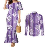 Hawaii Kakau Tribal Couples Matching Mermaid Dress and Long Sleeve Button Shirt With Purple Tiare LT05 Purple - Polynesian Pride