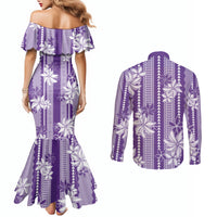 Hawaii Kakau Tribal Couples Matching Mermaid Dress and Long Sleeve Button Shirt With Purple Tiare LT05 - Polynesian Pride