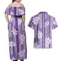 Hawaii Kakau Tribal Couples Matching Off Shoulder Maxi Dress and Hawaiian Shirt With Purple Tiare LT05 - Polynesian Pride