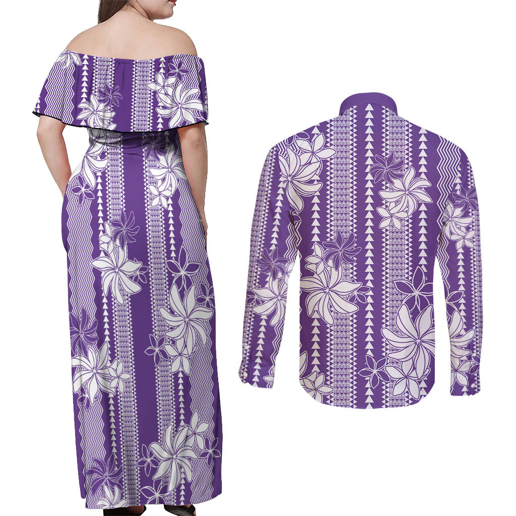 Hawaii Kakau Tribal Couples Matching Off Shoulder Maxi Dress and Long Sleeve Button Shirt With Purple Tiare LT05 - Polynesian Pride