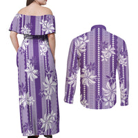Hawaii Kakau Tribal Couples Matching Off Shoulder Maxi Dress and Long Sleeve Button Shirt With Purple Tiare LT05 - Polynesian Pride