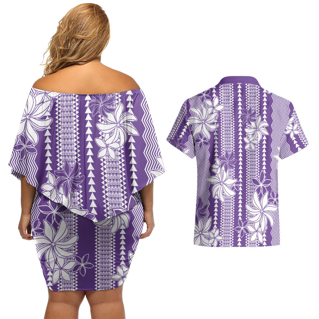 Hawaii Kakau Tribal Couples Matching Off Shoulder Short Dress and Hawaiian Shirt With Purple Tiare LT05 - Polynesian Pride