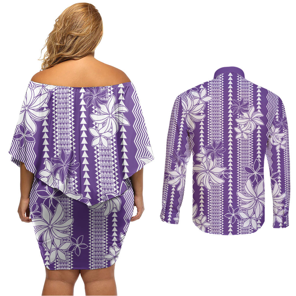 Hawaii Kakau Tribal Couples Matching Off Shoulder Short Dress and Long Sleeve Button Shirt With Purple Tiare LT05 - Polynesian Pride