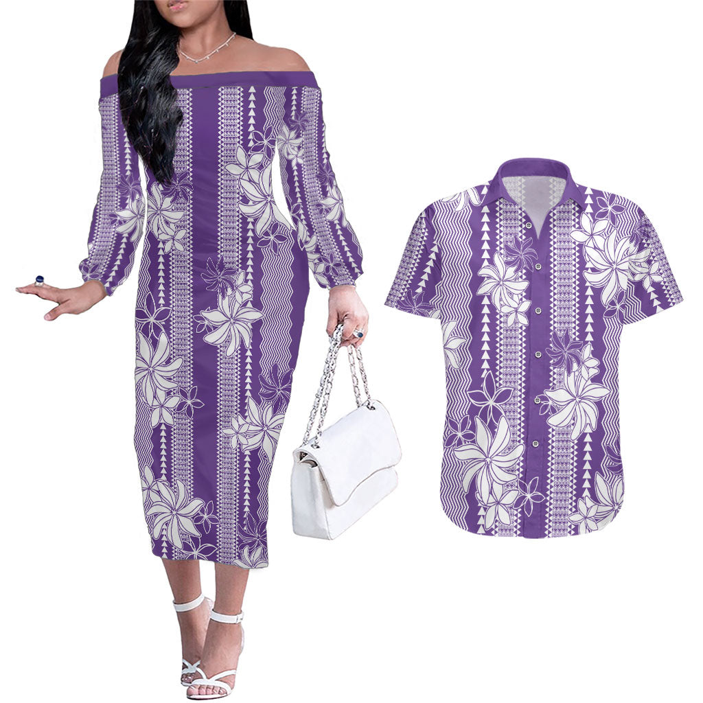 Hawaii Kakau Tribal Couples Matching Off The Shoulder Long Sleeve Dress and Hawaiian Shirt With Purple Tiare LT05 Purple - Polynesian Pride