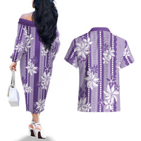Hawaii Kakau Tribal Couples Matching Off The Shoulder Long Sleeve Dress and Hawaiian Shirt With Purple Tiare LT05 - Polynesian Pride
