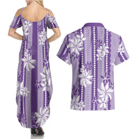 Hawaii Kakau Tribal Couples Matching Summer Maxi Dress and Hawaiian Shirt With Purple Tiare LT05 - Polynesian Pride