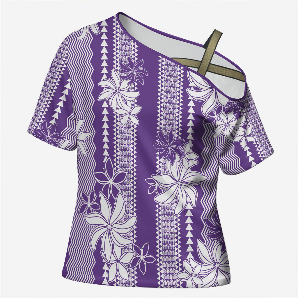 Hawaii Kakau Tribal Cross Shoulder Shirt With Purple Tiare