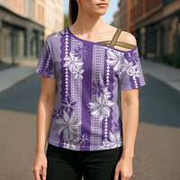 Hawaii Kakau Tribal Cross Shoulder Shirt With Purple Tiare