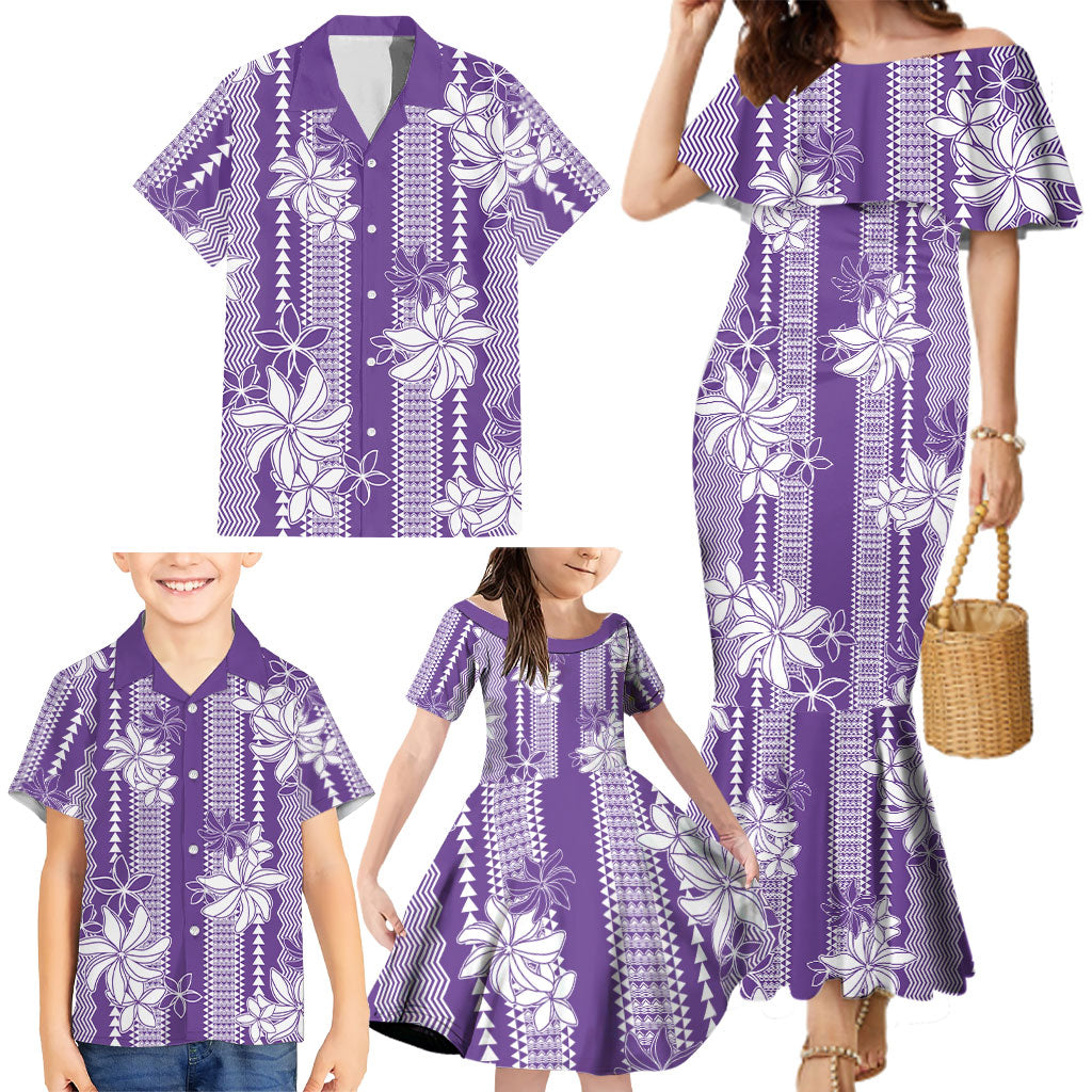 Hawaii Kakau Tribal Family Matching Mermaid Dress and Hawaiian Shirt With Purple Tiare