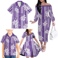 Hawaii Kakau Tribal Family Matching Off The Shoulder Long Sleeve Dress and Hawaiian Shirt With Purple Tiare LT05 - Polynesian Pride