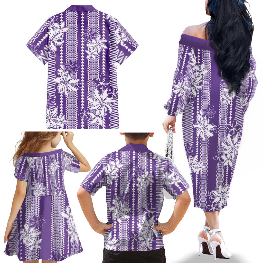 Hawaii Kakau Tribal Family Matching Off The Shoulder Long Sleeve Dress and Hawaiian Shirt With Purple Tiare LT05 - Polynesian Pride