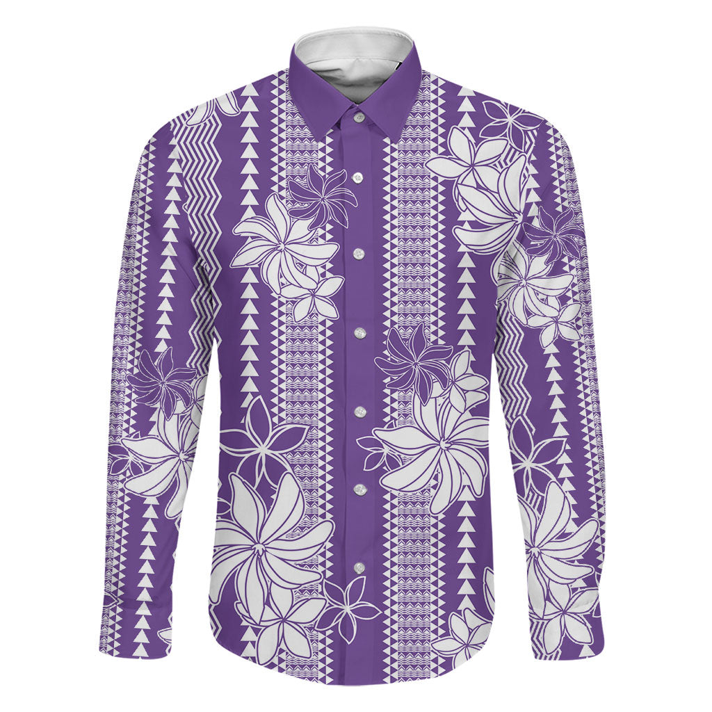 Hawaii Kakau Tribal Family Matching Off The Shoulder Long Sleeve Dress and Hawaiian Shirt With Purple Tiare LT05 Dad's Shirt - Long Sleeve Purple - Polynesian Pride